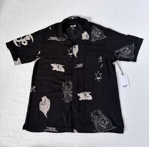 Welcome Men's M Rayon Woven Skull Graphic Camp Collar Button-Up Shirt Pockets